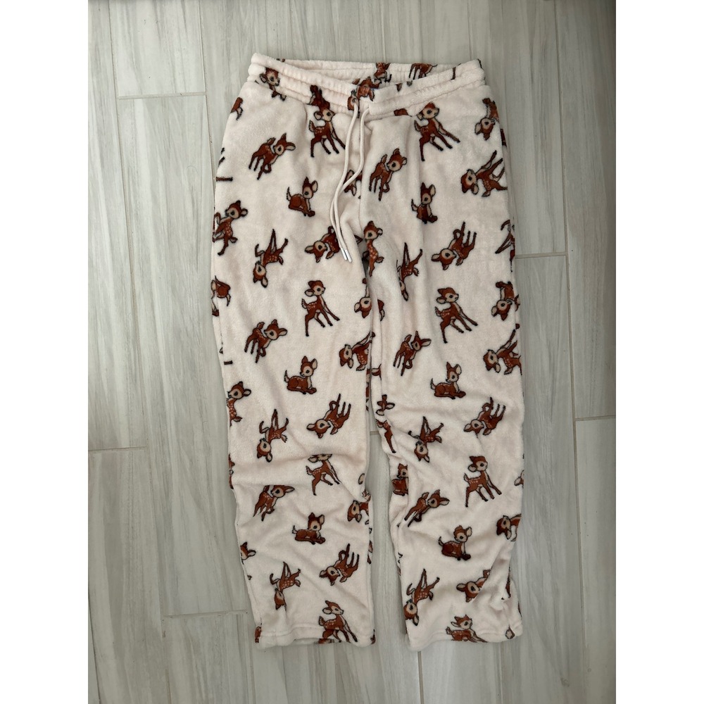 XL Bambi Deer Print Plush Fleece Pajama Pants Cream Fuzzy Lounge